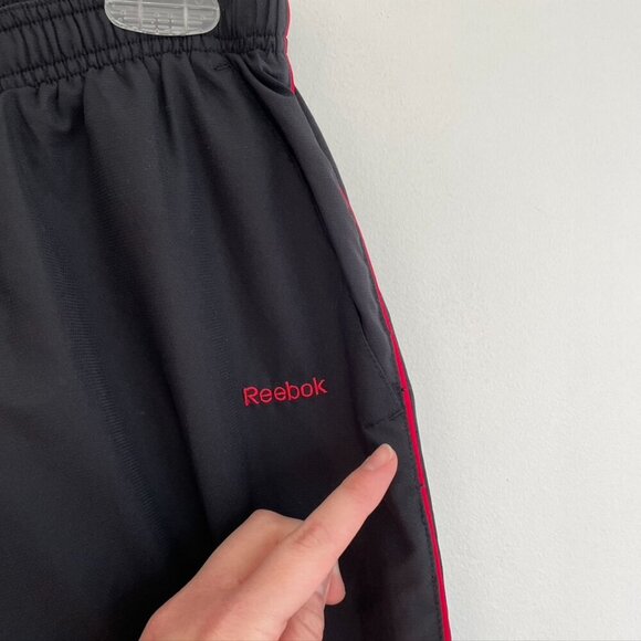 REEBOK Black Red Piping Stripe Pull On Drawstring Swishy Active Track Pants Y2K - Picture 11 of 11